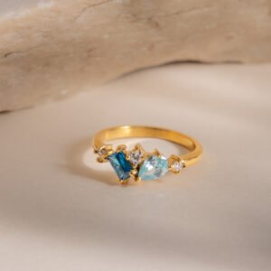 Gold Blue Crystal Statement Ring – Elegant Modern