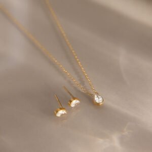 Gold Teardrop Crystal Pendant Necklace & Earring Set