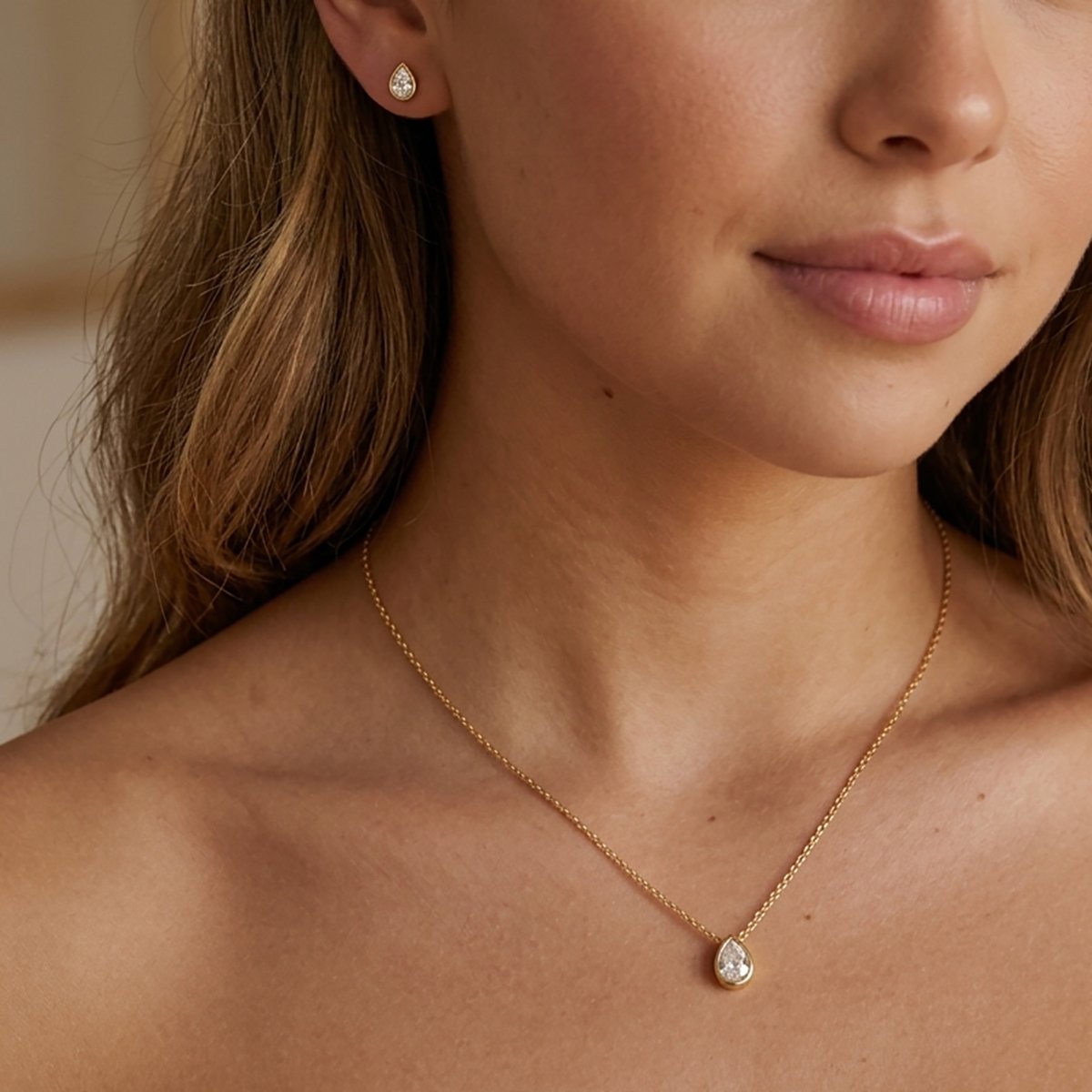 Gold Teardrop Crystal Pendant Necklace & Earring Set - Image 2