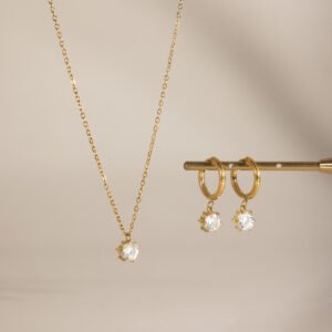 Gold Crystal Pendant Necklace & Hoop Earring Set – Elegant Matching Jewelry Set