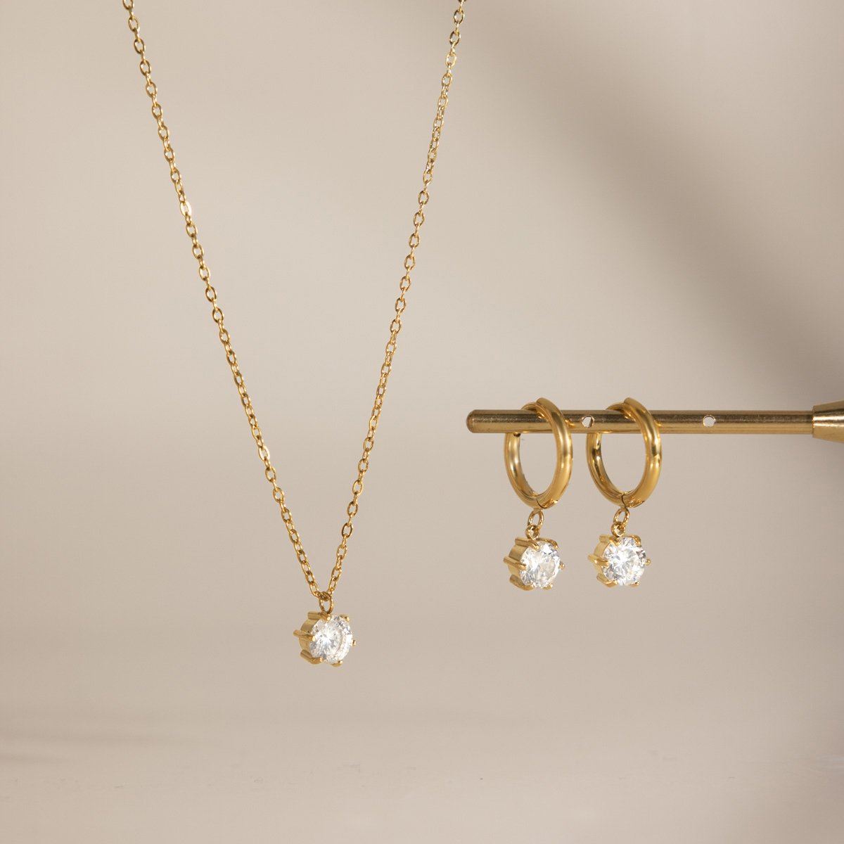 Gold Crystal Pendant Necklace & Hoop Earring Set – Elegant Matching Jewelry Set